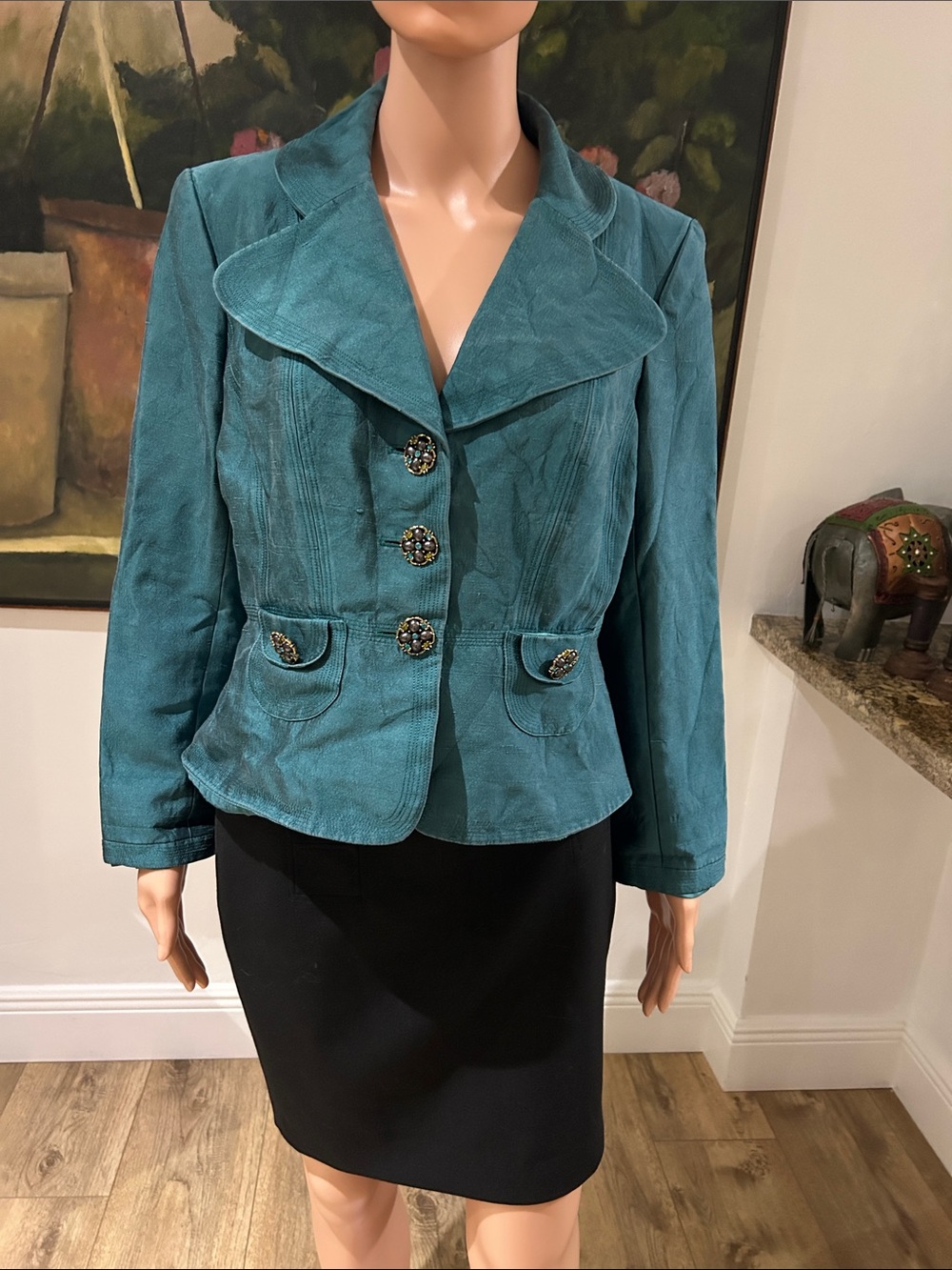 Kay Unger Teal Tailored Classic Collared Blazer with gem covered buttons